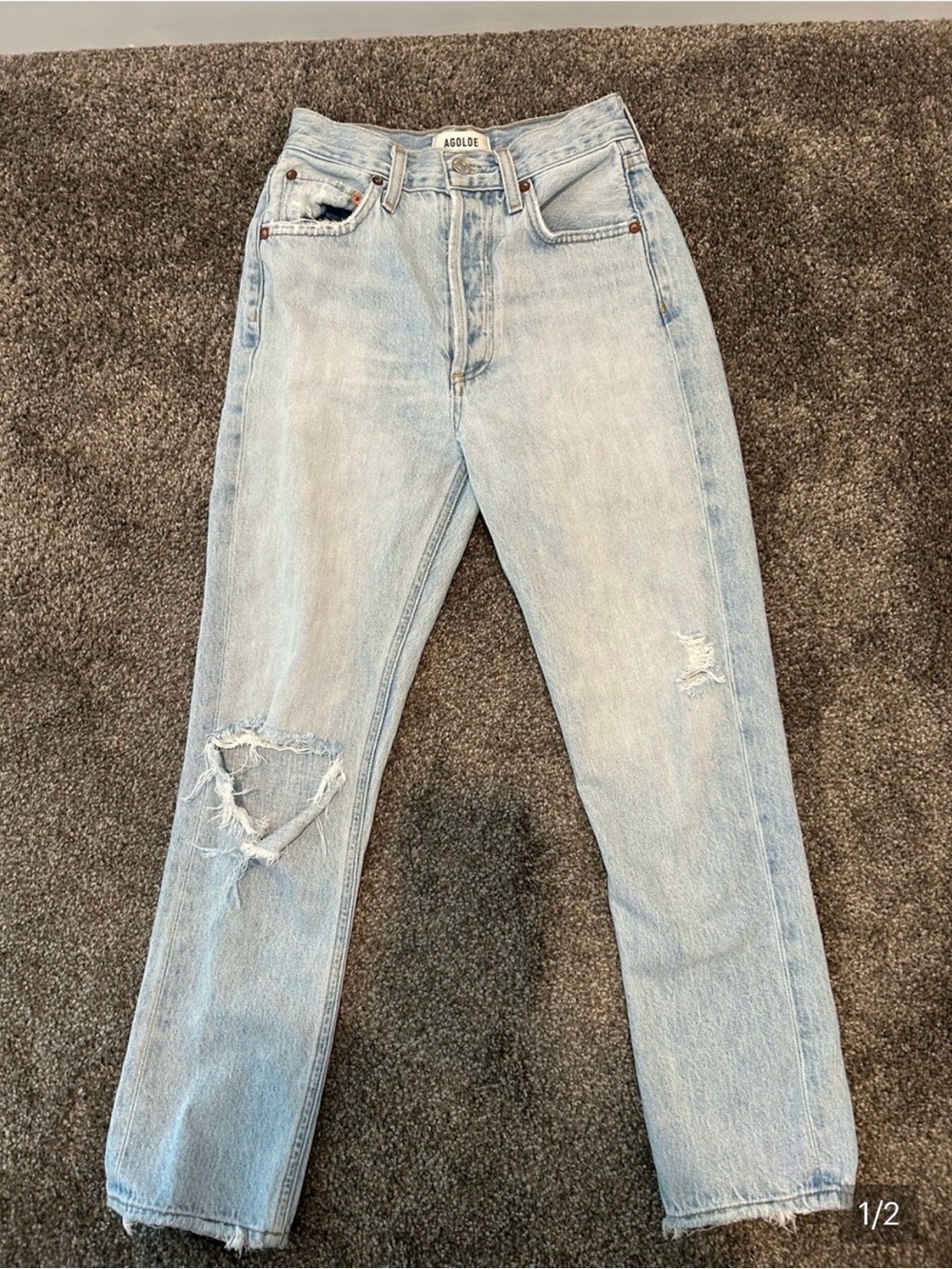 Agolde Light Wash Straight-Leg Jeans with Knee Distress